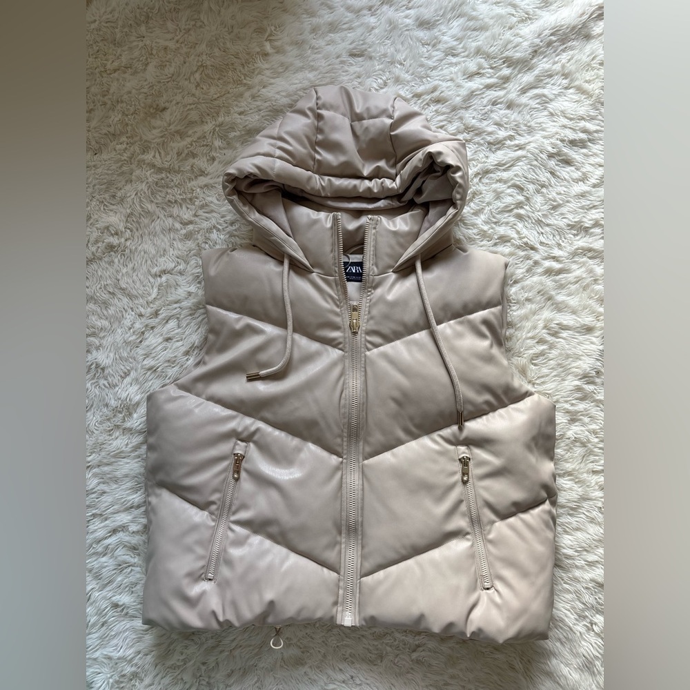 Zara Light Beige Hooded Puffer Vest